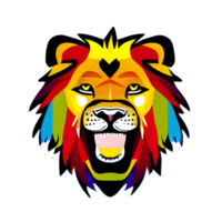 Colorful lions Head Logo, lions face Sticker, modern pop art style, dark Black background. png