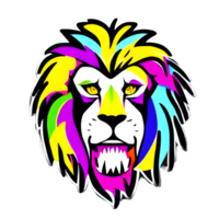 logo de tête de lions colorés, autocollant de visage de lions, style pop art moderne, fond noir foncé. png