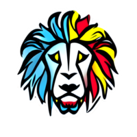 colorato leoni testa logo, leoni viso etichetta, moderno pop arte stile, buio nero sfondo. png