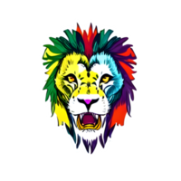 färgrik lejon huvud logotyp, lejon ansikte klistermärke, modern pop- konst stil, mörk svart bakgrund. png