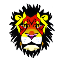 colorato leoni testa logo, leoni viso etichetta, moderno pop arte stile, buio nero sfondo. png