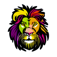 Colorful lions Head Logo, lions face Sticker, modern pop art style, dark Black background. png