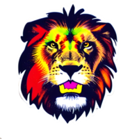 colorato leoni testa logo, leoni viso etichetta, moderno pop arte stile, buio nero sfondo. png