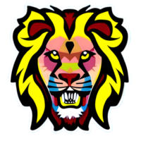 kleurrijk leeuwen hoofd logo, leeuwen gezicht sticker, modern knal kunst stijl, donker zwart achtergrond. png