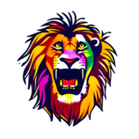 colorato leoni testa logo, leoni viso etichetta, moderno pop arte stile, buio nero sfondo. png