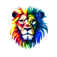 colorato leoni testa logo, leoni viso etichetta, moderno pop arte stile, buio nero sfondo. png