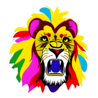 kleurrijk leeuwen hoofd logo, leeuwen gezicht sticker, modern knal kunst stijl, donker zwart achtergrond. png
