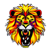 logotipo de cabeza de leones coloridos, pegatina de cara de leones, estilo de arte pop moderno, fondo negro oscuro. png