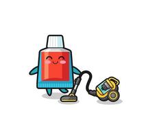 cute toothpaste holding vacuum cleaner illustration vector