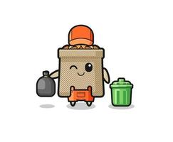 the mascot of cute wheat sack as garbage collector vector