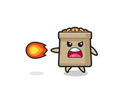 cute wheat sack mascot is shooting fire power vector