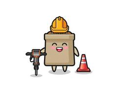 road worker mascot of wheat sack holding drill machine vector