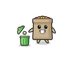 illustration of the wheat sack throwing garbage in the trash can vector