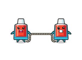 cute toothpaste character is playing tug of war game vector