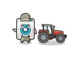 the washing machine farmer mascot standing beside a tractor vector