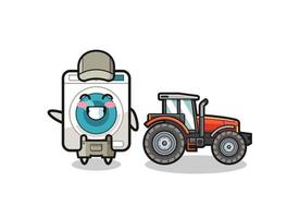 la mascota del granjero de la lavadora de pie junto a un tractor vector