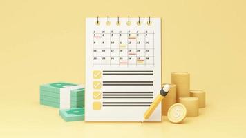 financial concept and money saving, Monthly expenses and spending planning on notepad, calendar and pencil. with Bundle of money, banknote and gold coins on yellow background. realistic 3d render video