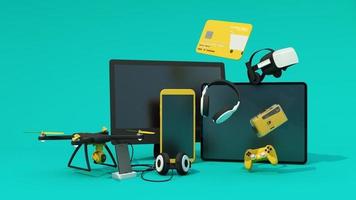 online-shopping-konzept über elektronik und gadgets in der modernen aktionszeit neuer modelle bestehen aus telefon, vr, kopfhörer, mit drohne und kreditkarte und grünem bildschirm. realistische 3D-Darstellung video