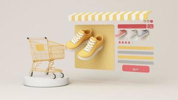 Online-Shop-Konzept auf Laptop-Bildschirm mit gestreifter Markise und Mantel- und Pulloverkleid in Pastellfarben auf dem Bildschirm mit Kaufsymbol und Kommentarbewertung. auf lila Hintergrund realistische 3D-Darstellung video