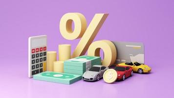 Car automobile insurance and collision damage waiver concept surrounding by gold coin and cash with sport car model, laptop green screen with percentage pastel background. animation looped 3d render video