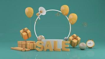 Great discount banner design with SALE text phrase on green and yellow background with gift box, shopping bag, balloon and alarm clock elements megaphone with product stand 3d render animation looped video