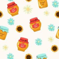 Seamless pattern with honey jar, sunflower, leaves and spoon on a dark background. Honey products. Great for textiles, wrapping paper, wallpapers vector