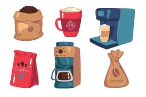 gran conjunto de iconos de estilo plano. elegante juego de café de iconos. café, bebidas de café, cafeteras y otros aparatos y postres. taza de cafe, croissant, pastel, maquina de cafe, cezve, paquete de cafe vector