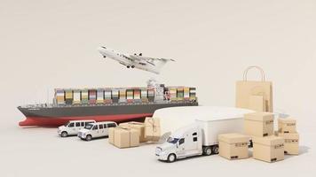 international transport shipping concept podium product stand surrounded by cardboard boxes, a cargo container ship, a flying plane, a van and a truck isolated on white background 3D rendering video