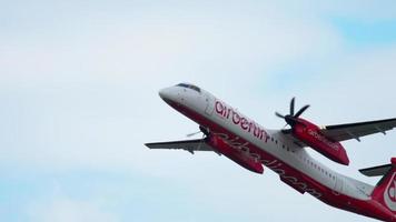 DUSSELDORF, GERMANY JULY 23, 2017 - AirBerlin Bombardier Dash 8 D ABQI take off. Slow motion. Dusseldorf Airport, Germany video