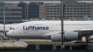 FRANKFURT AM MAIN, GERMANY JULY 19, 2017 - Lufthansa Airbus 380 D AIMH named  Deutchland  taxiing to start. Fraport, Frankfurt, Germany video