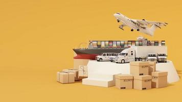 concepto de envío de transporte internacional puesto de producto de podio rodeado de cajas de cartón, un barco de contenedores de carga, un avión volador, una furgoneta y un camión aislado en la representación 3d de fondo blanco video