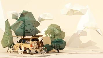 low poly cartoon part Mobile homes and tents In the national park, there are bicycles, ice buckets, guitars and chairs, and trees with clouds and mountains in the background. green pastel 3d render video