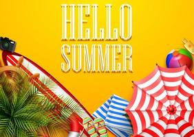 Hello summer time holiday banner. Top view of tropical leaves and beach element collections on sand background vector