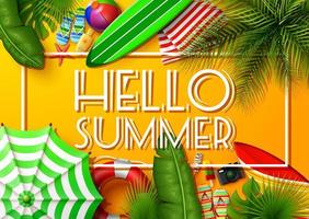 hola banner de vacaciones de verano. vista superior de hojas tropicales y colecciones de elementos de playa sobre fondo de arena vector