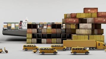 world wide cargo container transport concept in yellow tone colour with truck and van 3d rendering looped animation video