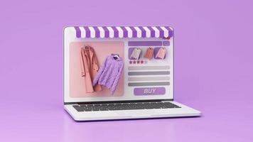 Online store concept on laptop screen with striped awning and coat and sweater dress pastel color on screen with buy icon and comment review. on purple background realistic 3d rendering video