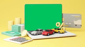 auto auto- verzekering en botsing schade afstand doen concept omgeving door goud munt en contant geld met sport auto model, laptop groen scherm met percentage pastel achtergrond. animatie lusvormige 3d geven video