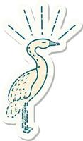 worn old sticker of a tattoo style standing stork vector