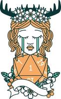 Retro Tattoo Style crying human druid with D20 natural one roll vector