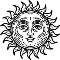 tatuaje en estilo de línea negra de un sol con cara vector