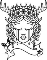 Black and White Tattoo linework Style sad elf druid character face vector