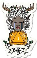 sticker of a sad elf druid character face with natural one D20 roll vector