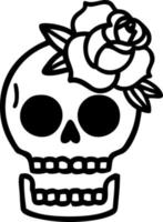 tatuaje en estilo de línea negra de una calavera y rosa vector