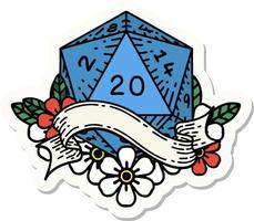 sticker of a natural twenty D20 dice roll vector