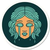 sticker of tattoo in traditional style of female face crying vector