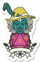 sticker of a crying orc bard character with natural one D20 roll vector