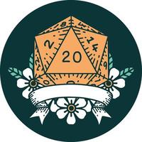 icon of natural 20 critical hit D20 dice roll vector