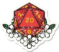 grunge sticker of a natural 20 D20 dice roll with floral elements vector