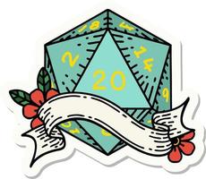 sticker of a natural twenty D20 dice roll vector