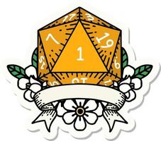 sticker of a natural one d20 dice roll vector